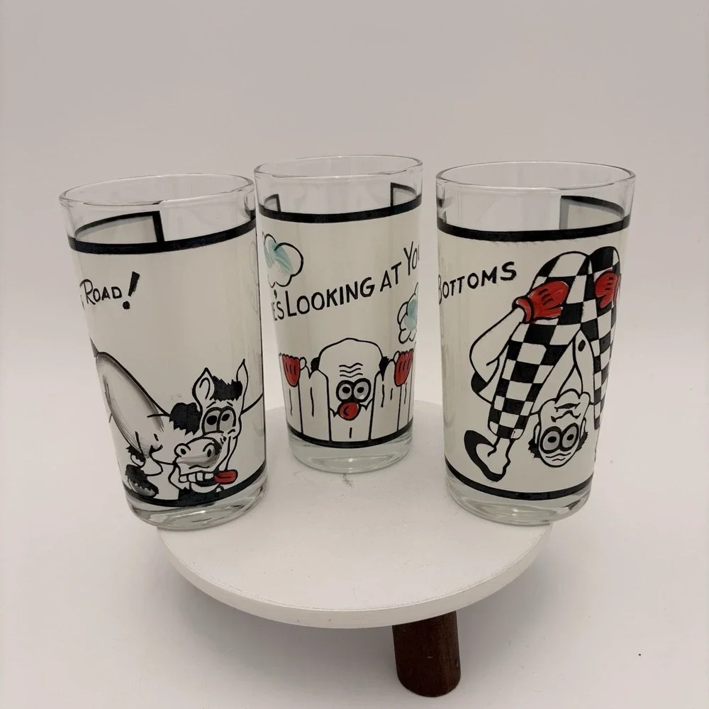 3 Vtg MCM Roving Eye Barware‎ 10 oz Glasses Bottoms Up Here's Looking At You
